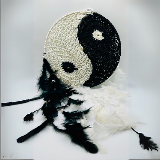 Boho Style Dream Catcher in Black and White with Natural Feathers