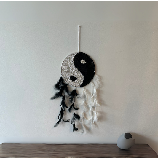 Handmade Dream Catcher with Natural Black and White Feathers