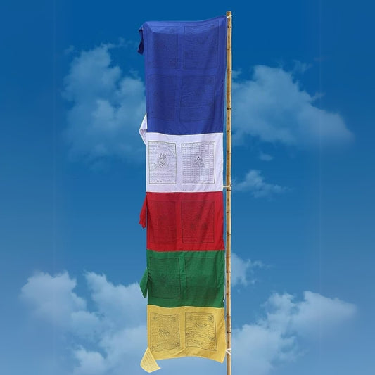 Large colorful Tibetan prayer flags outdoors